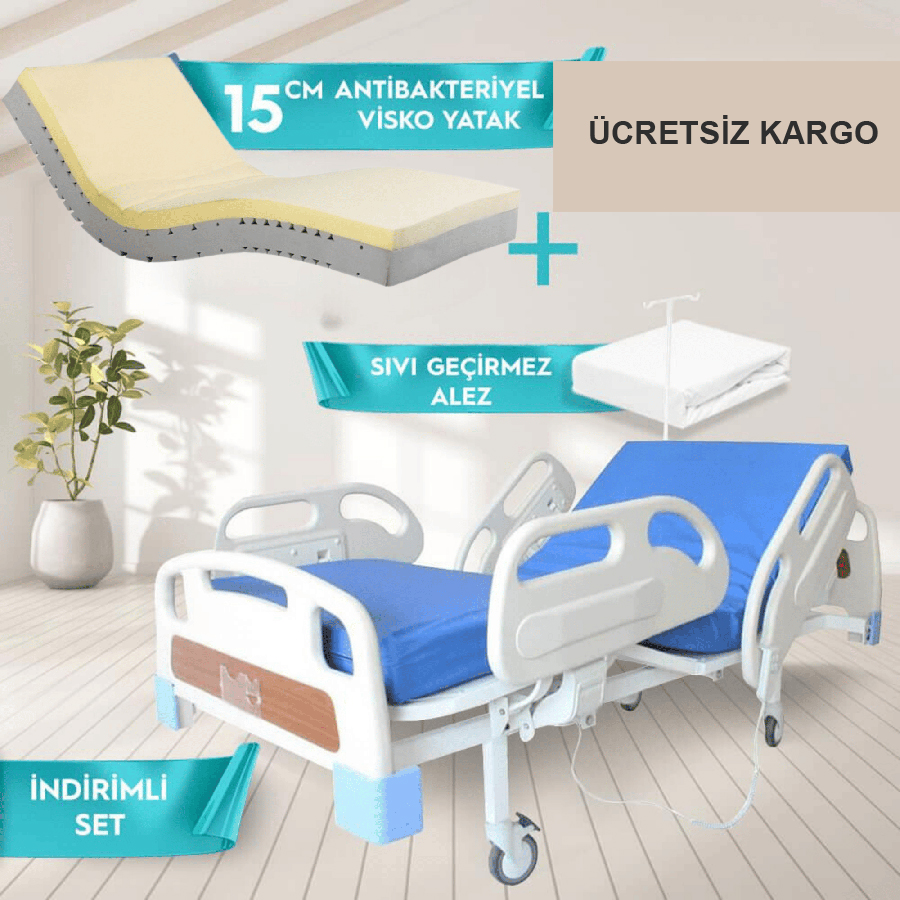 2 Motorlu Full Abs Hasta Karyolası + 15 Cm Antibakteriyel Visko Yatak + Alez